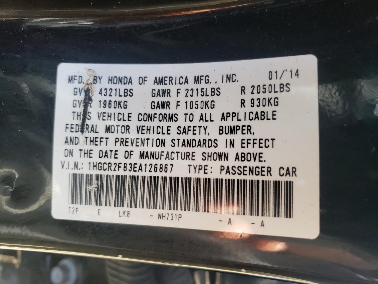 Photo 10 from auction – 2014 HONDA ACCORD EXL with VIN 1HGCR2F83EA126867