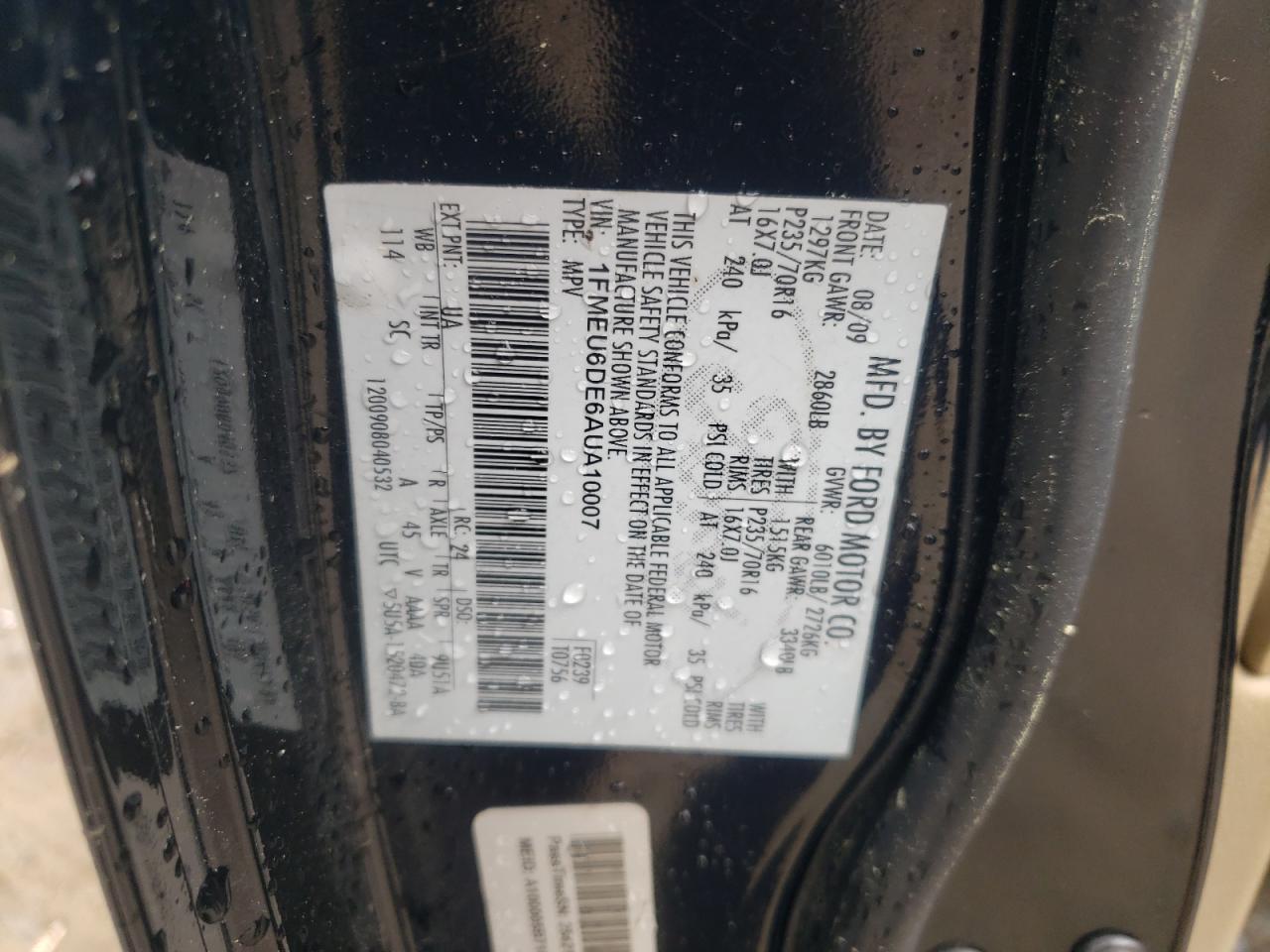 Photo 10 from auction – 2010 FORD EXPLORER X with VIN 1FMEU6DE6AUA10007