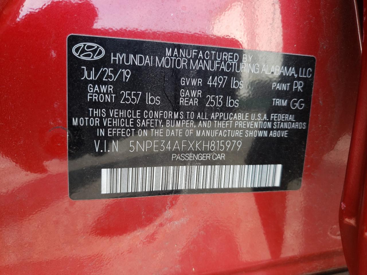 Photo 10 from auction – 2019 HYUNDAI SONATA LIM with VIN 5NPE34AFXKH815979