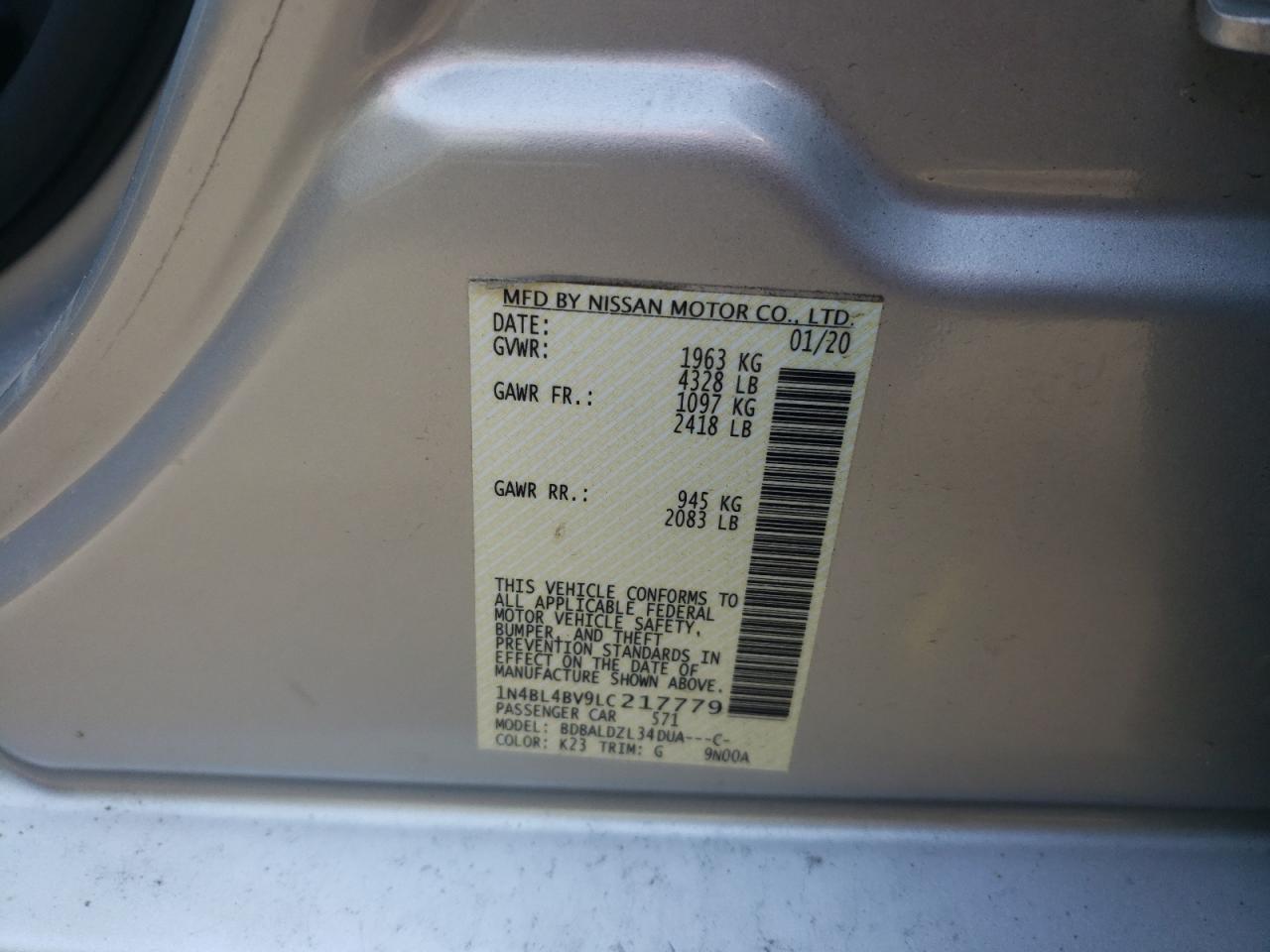 Photo 10 from auction – 2020 NISSAN ALTIMA S with VIN 1N4BL4BV9LC217779
