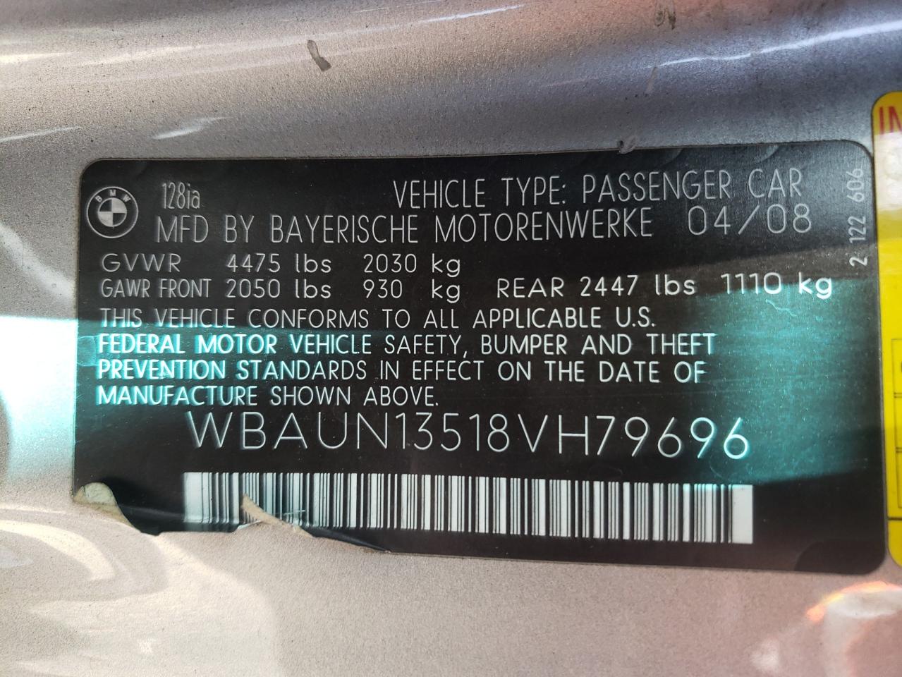 Photo 10 from auction – 2008 BMW 128 I with VIN WBAUN13518VH79696