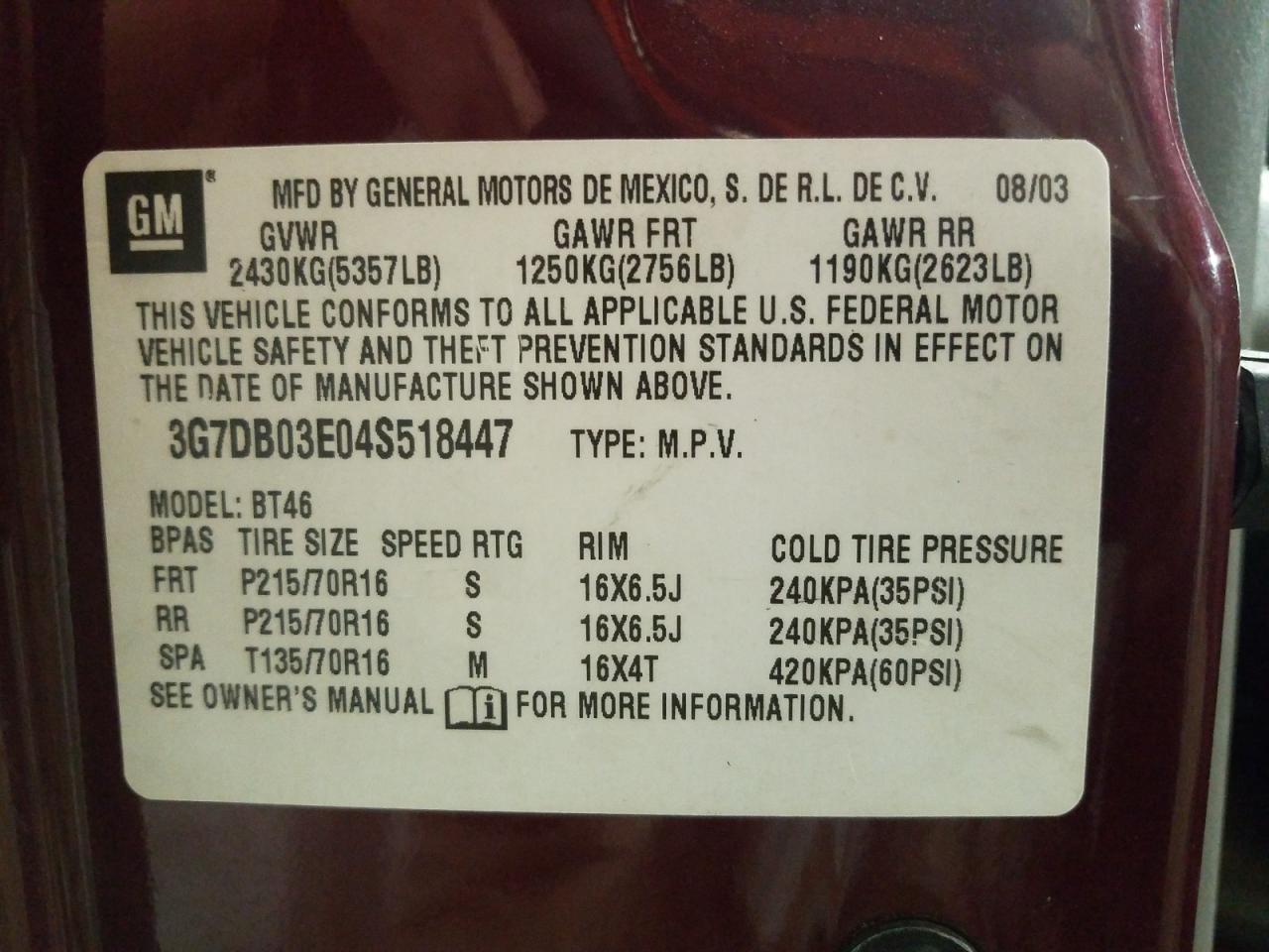 Photo 10 from auction – 2004 PONTIAC AZTEK with VIN 3G7DB03E04S518447