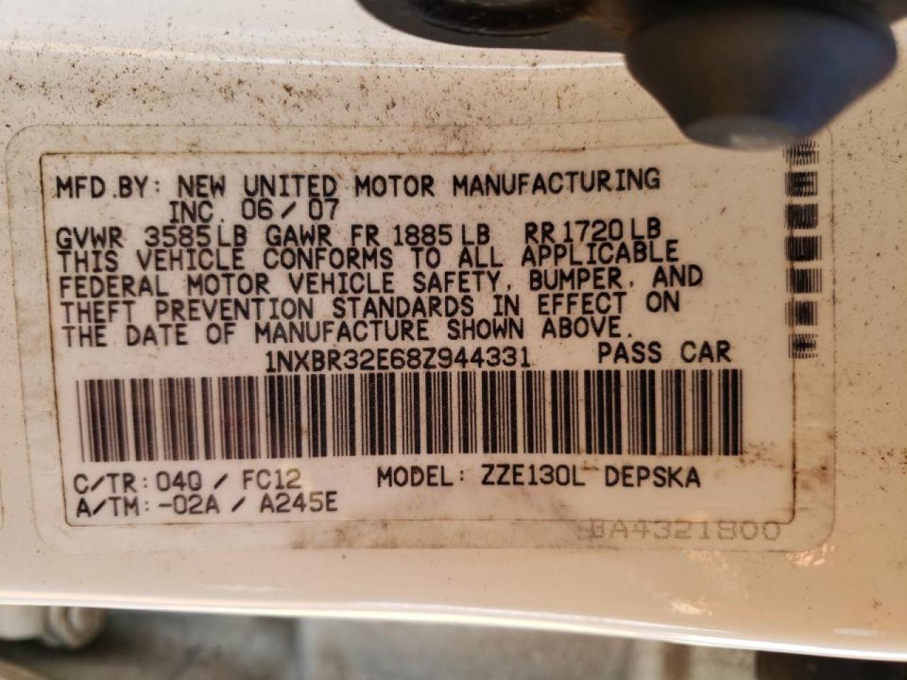 Photo 10 from auction – 2008 TOYOTA COROLLA CE with VIN 1NXBR32E68Z944331