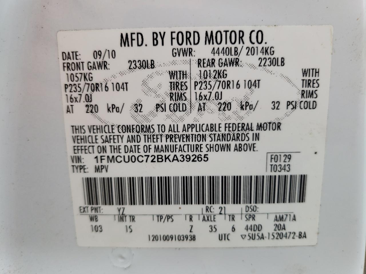 Photo 10 from auction – 2011 FORD ESCAPE XLS with VIN 1FMCU0C72BKA39265