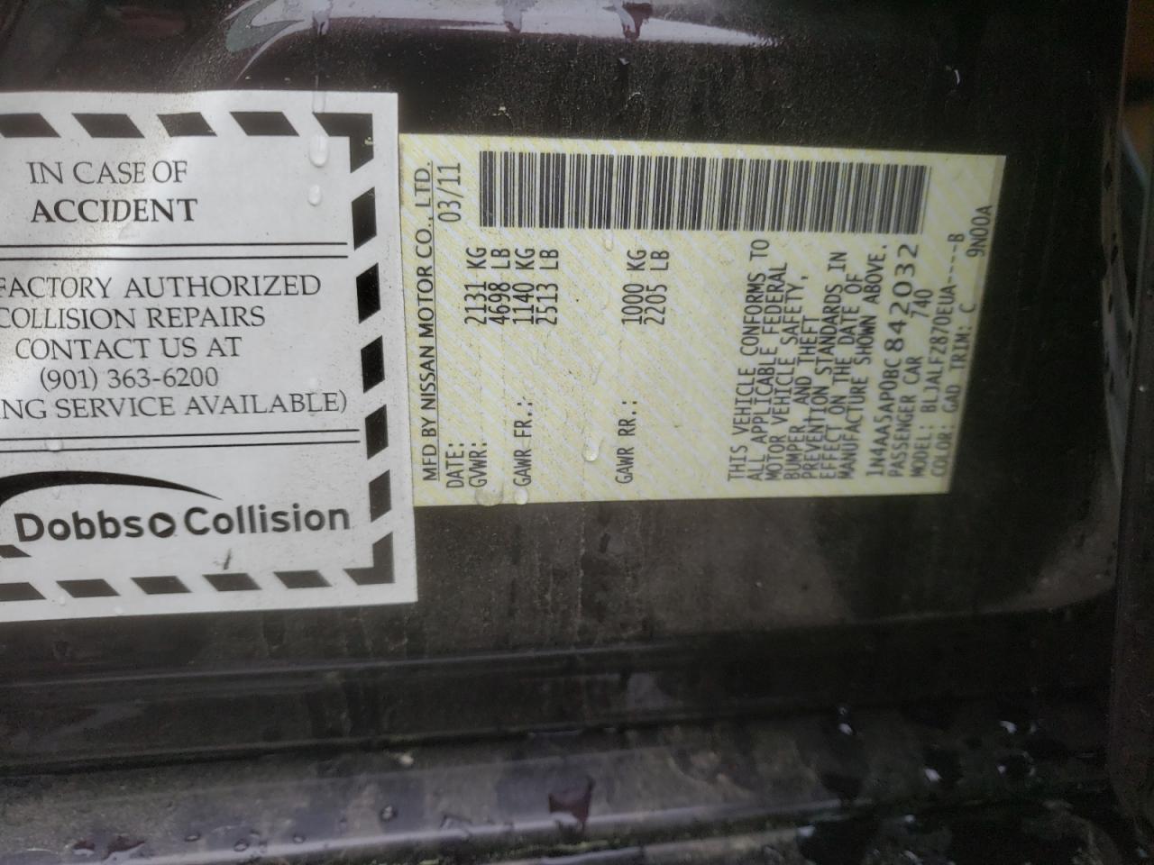 Photo 10 from auction – 2011 NISSAN MAXIMA S with VIN 1N4AA5AP0BC842032