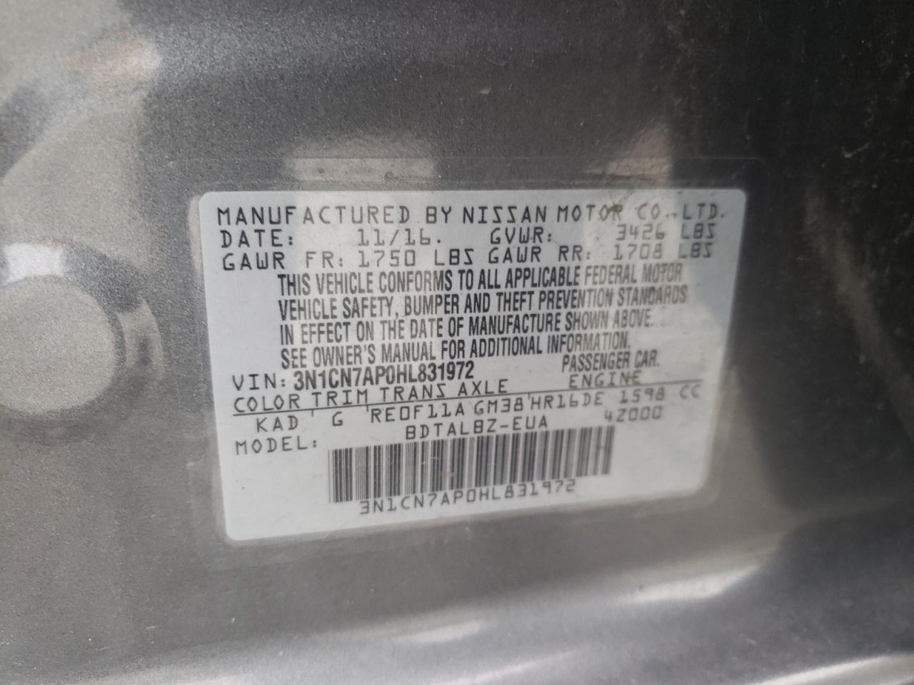Photo 10 from auction – 2017 NISSAN VERSA S with VIN 3N1CN7AP0HL831972