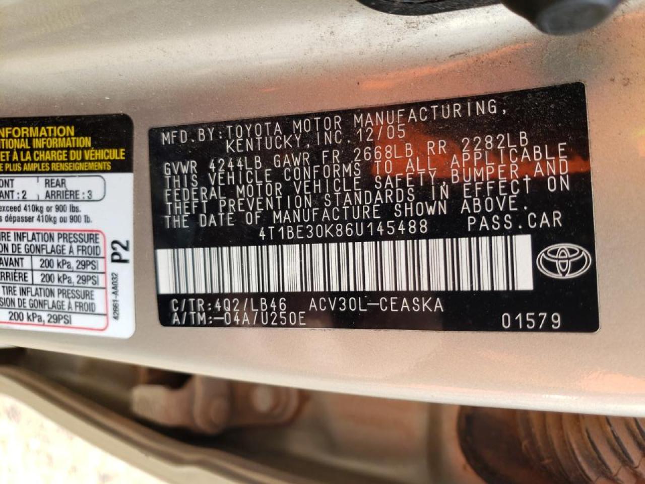 Photo 10 from auction – 2006 TOYOTA CAMRY LE with VIN 4T1BE30K86U145488