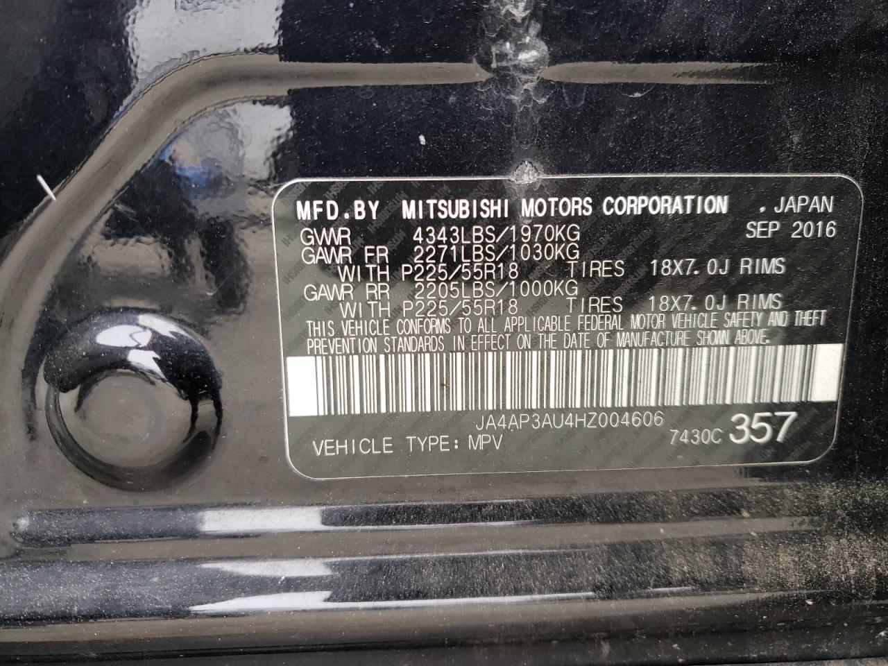 Photo 10 from auction – 2017 MITSUBISHI OUTLANDER with VIN JA4AP3AU4HZ004606