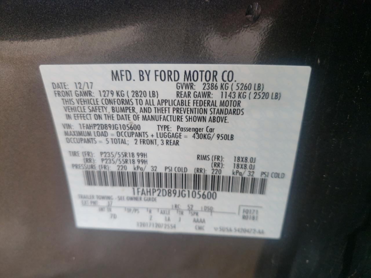 Photo 10 from auction – 2018 FORD TAURUS SE with VIN 1FAHP2D89JG105600