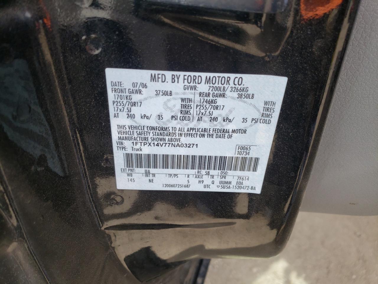 Photo 10 from auction – 2007 FORD F150 with VIN 1FTPX14V77NA03271