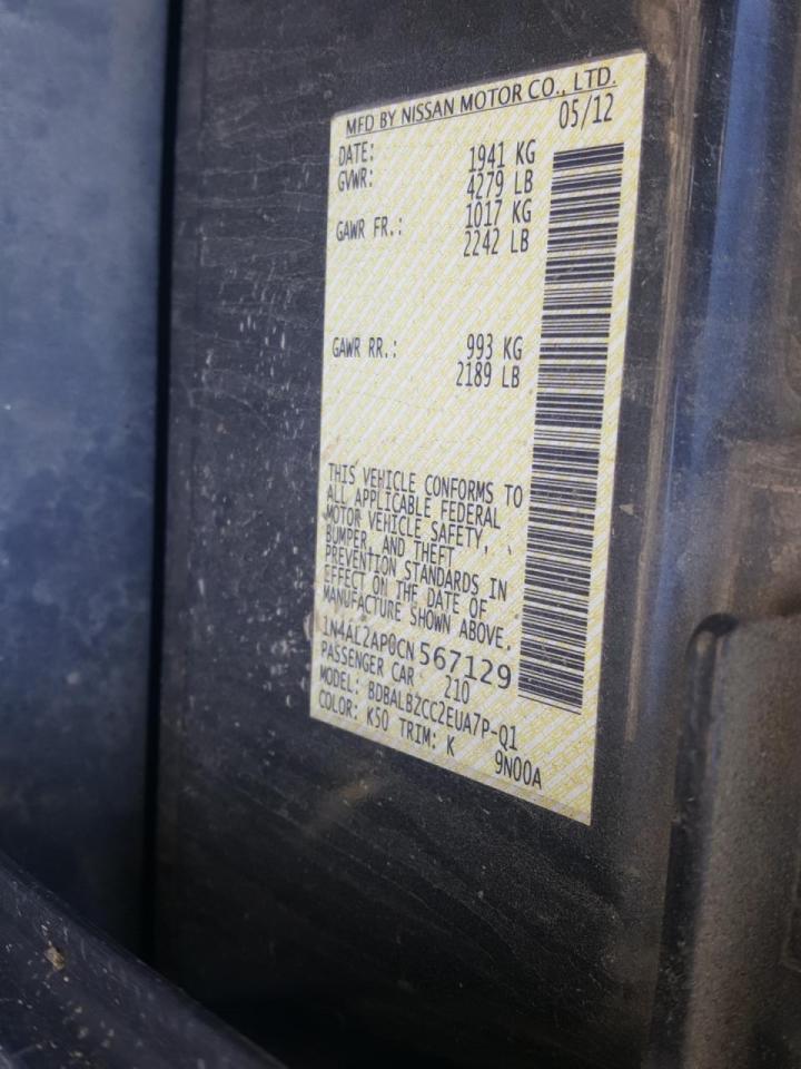 Photo 10 from auction – 2012 NISSAN ALTIMA BAS with VIN 1N4AL2AP0CN567129