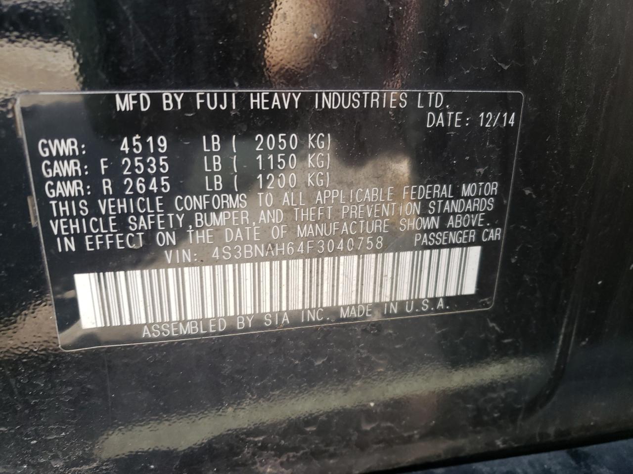 Photo 10 from auction – 2015 SUBARU LEGACY 2.5 with VIN 4S3BNAH64F3040758