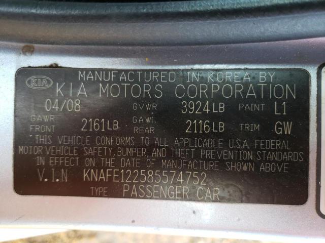 Photo 10 from auction – 2008 KIA SPECTRA EX with VIN KNAFE122585574752