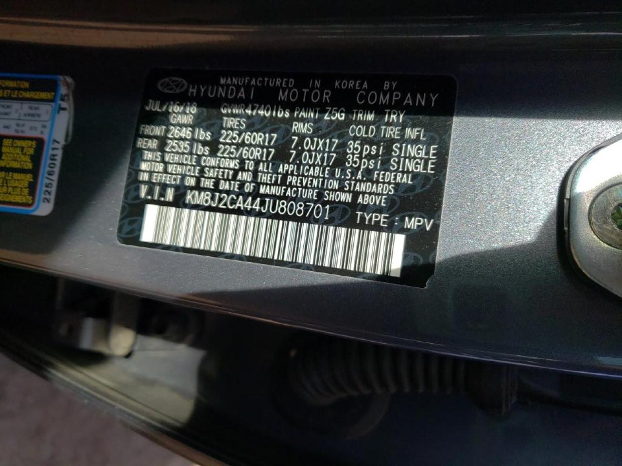 Photo 10 from auction – 2018 HYUNDAI TUCSON SE with VIN KM8J2CA44JU808701