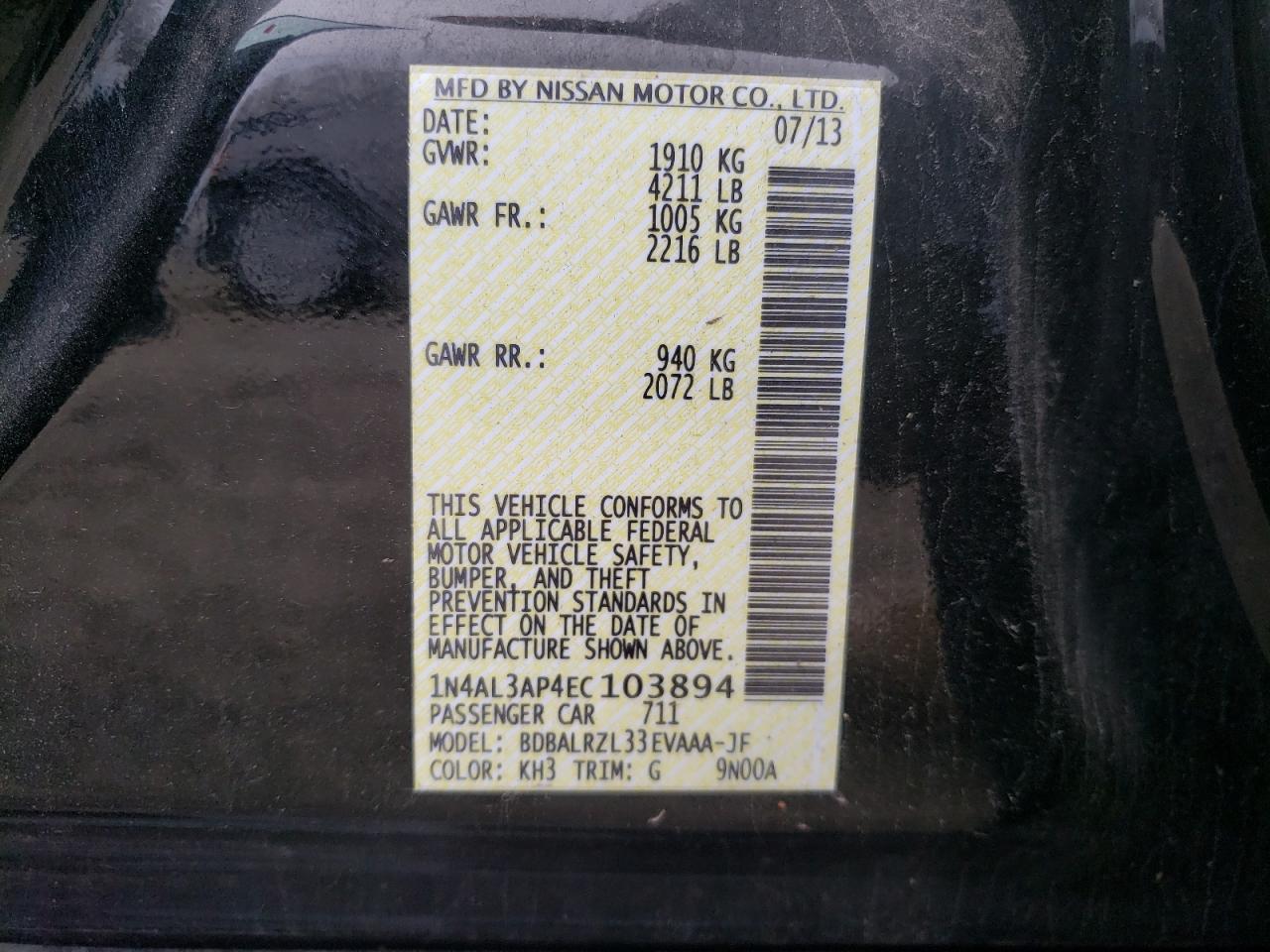 Photo 10 from auction – 2014 NISSAN ALTIMA 2.5 with VIN 1N4AL3AP4EC103894