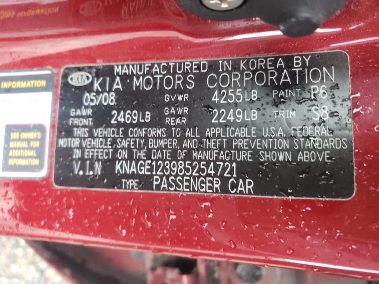Photo 10 from auction – 2008 KIA OPTIMA LX with VIN KNAGE123985254721