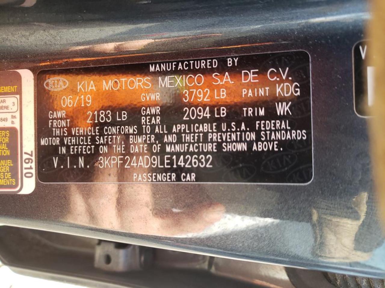 Photo 10 from auction – 2020 KIA FORTE FE with VIN 3KPF24AD9LE142632