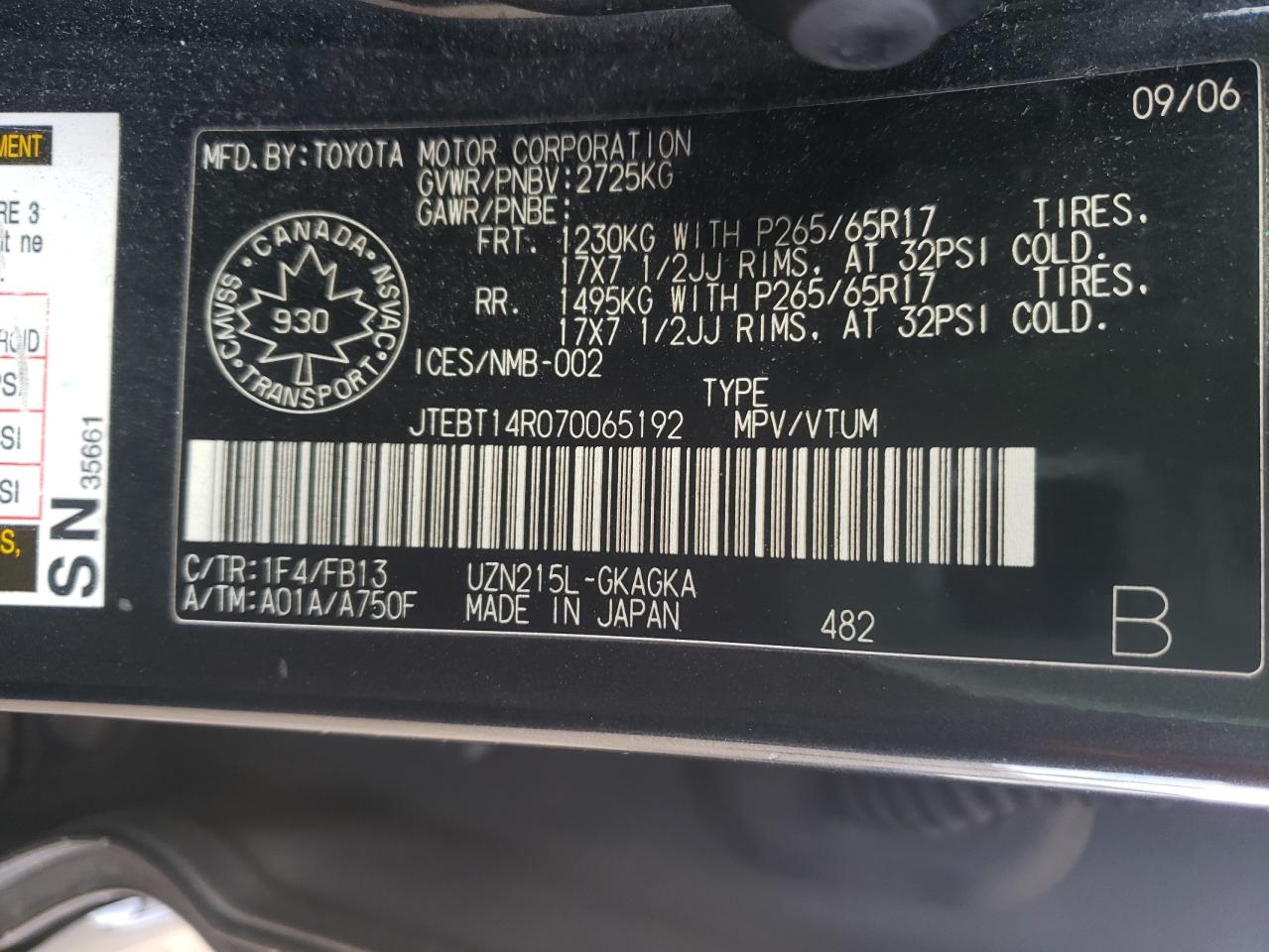 Photo 10 from auction – 2007 TOYOTA 4RUNNER SR with VIN JTEBT14R070065192