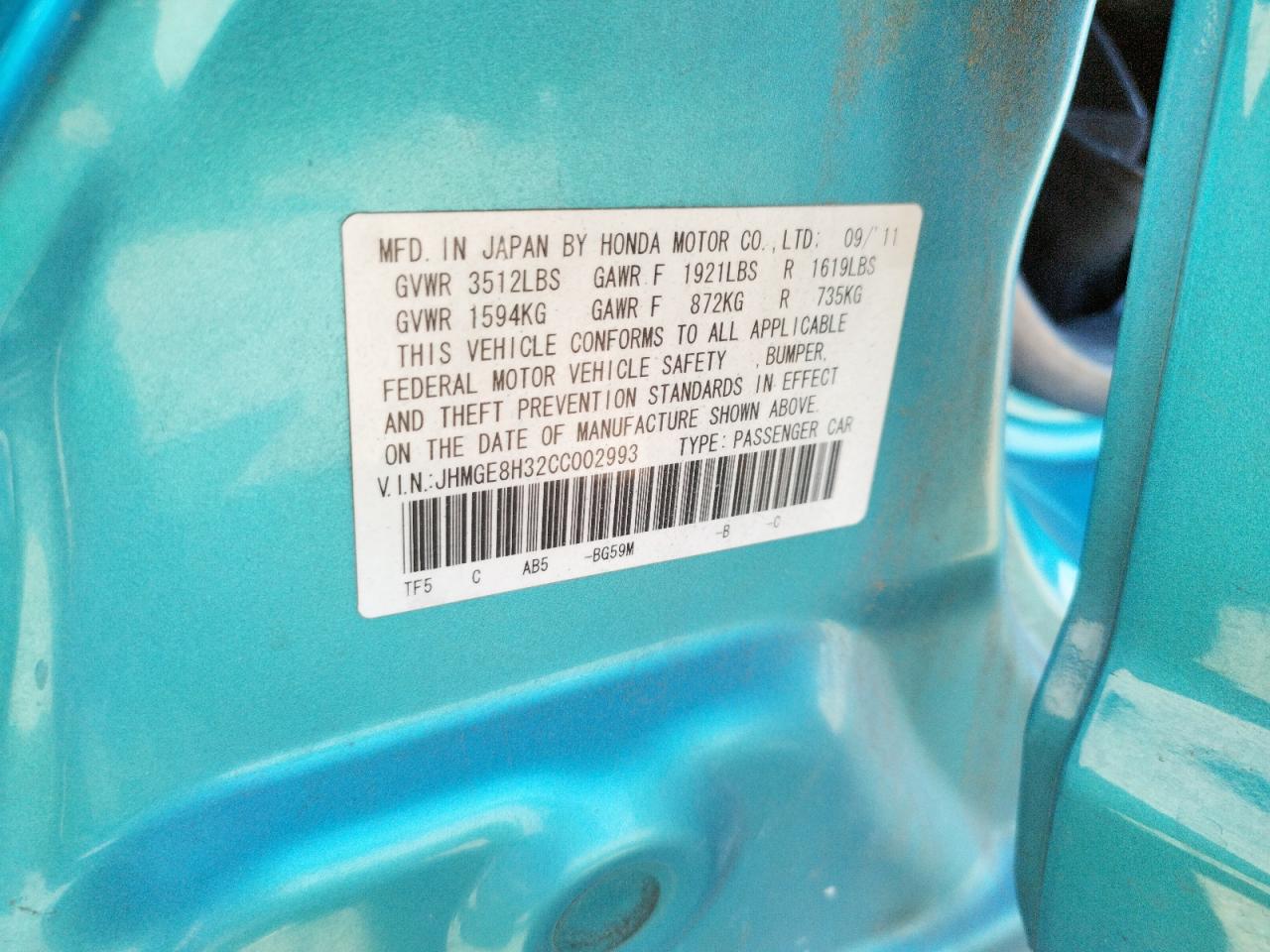 Photo 10 from auction – 2012 HONDA FIT with VIN JHMGE8H32CC002993