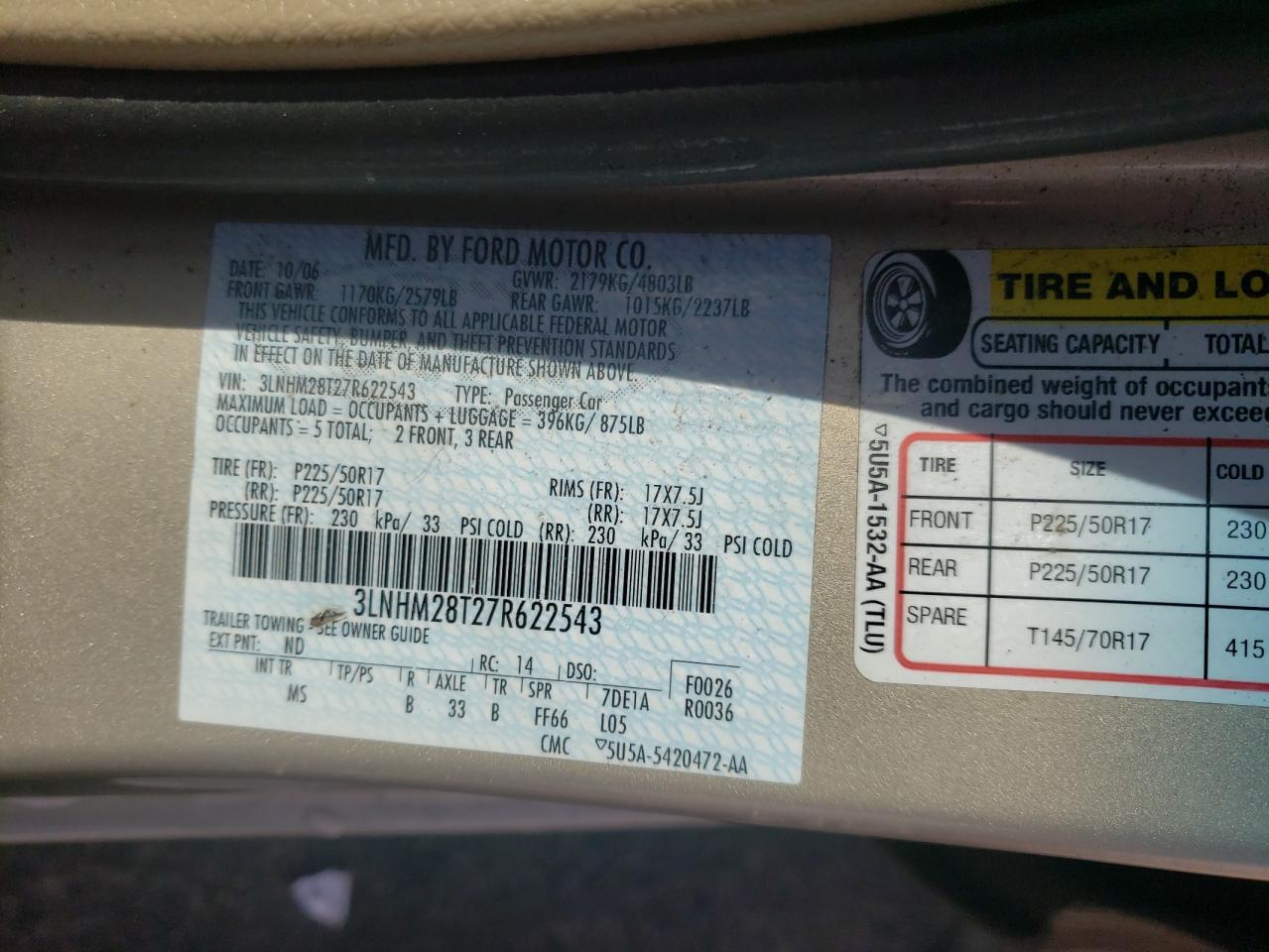 Photo 10 from auction – 2007 LINCOLN MKZ with VIN 3LNHM28T27R622543