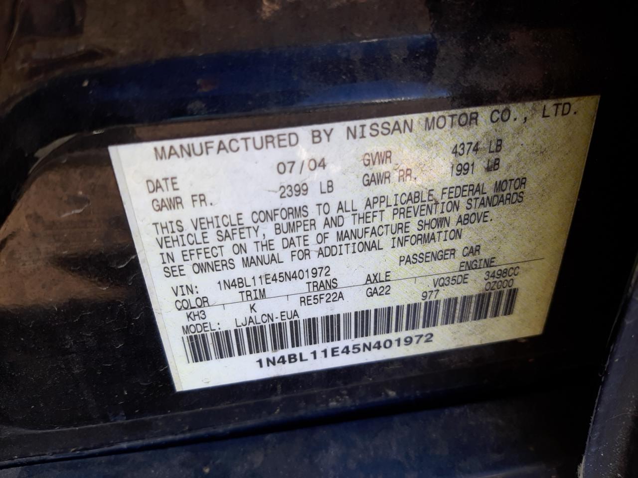 Photo 10 from auction – 2005 NISSAN ALTIMA SE with VIN 1N4BL11E45N401972
