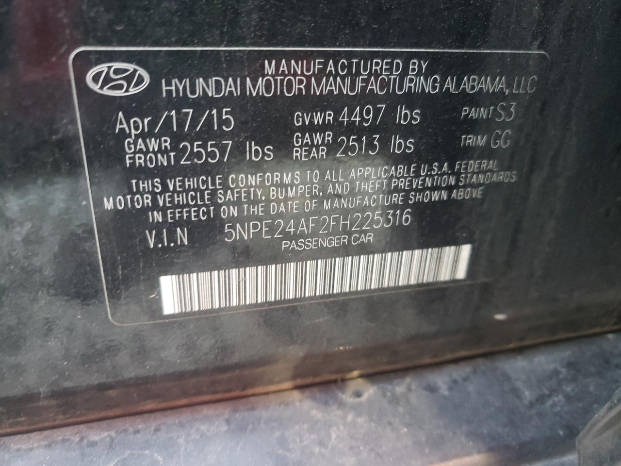 Photo 10 from auction – 2015 HYUNDAI SONATA SE with VIN 5NPE24AF2FH225316