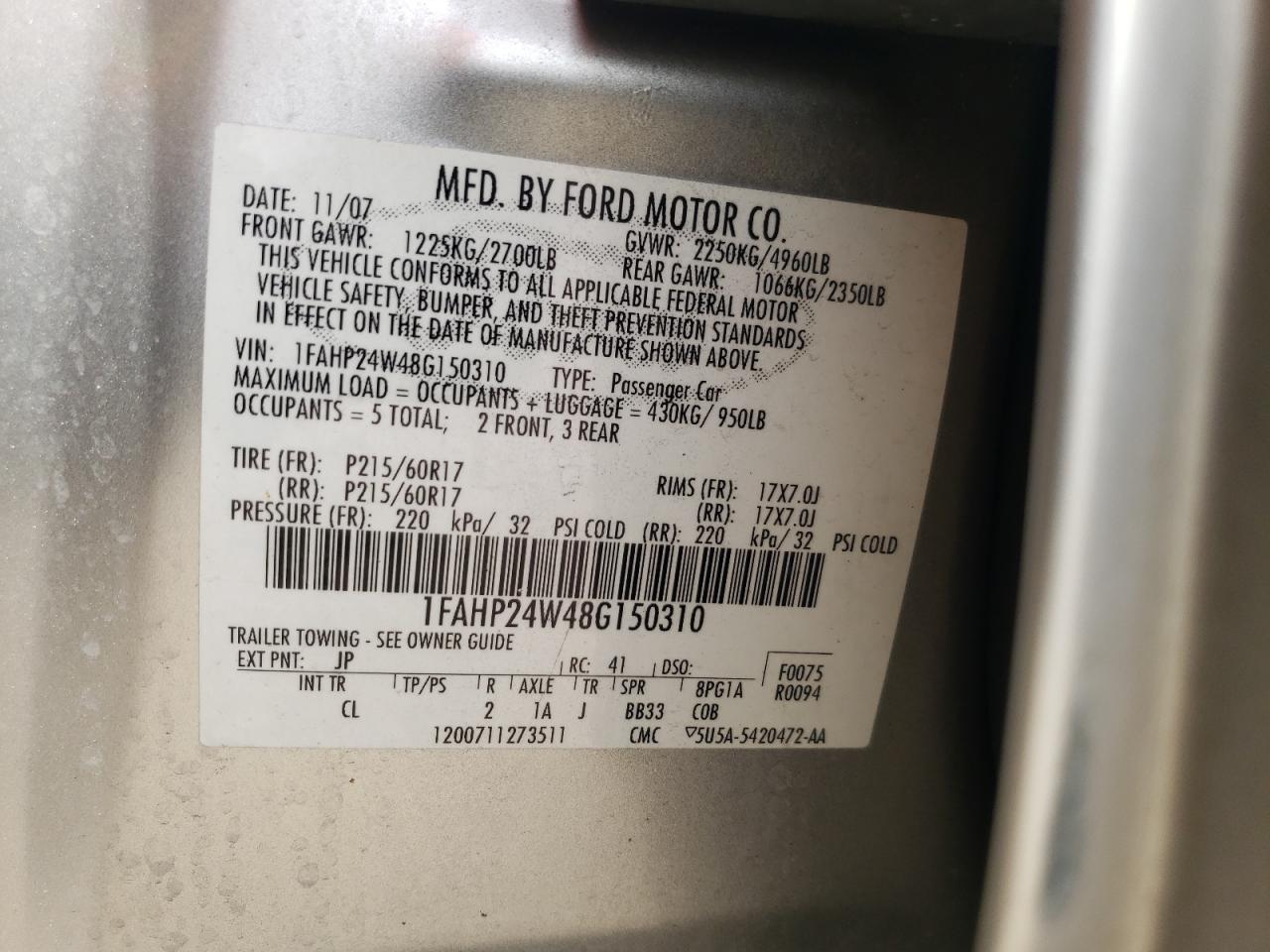 Photo 10 from auction – 2008 FORD TAURUS SEL with VIN 1FAHP24W48G150310
