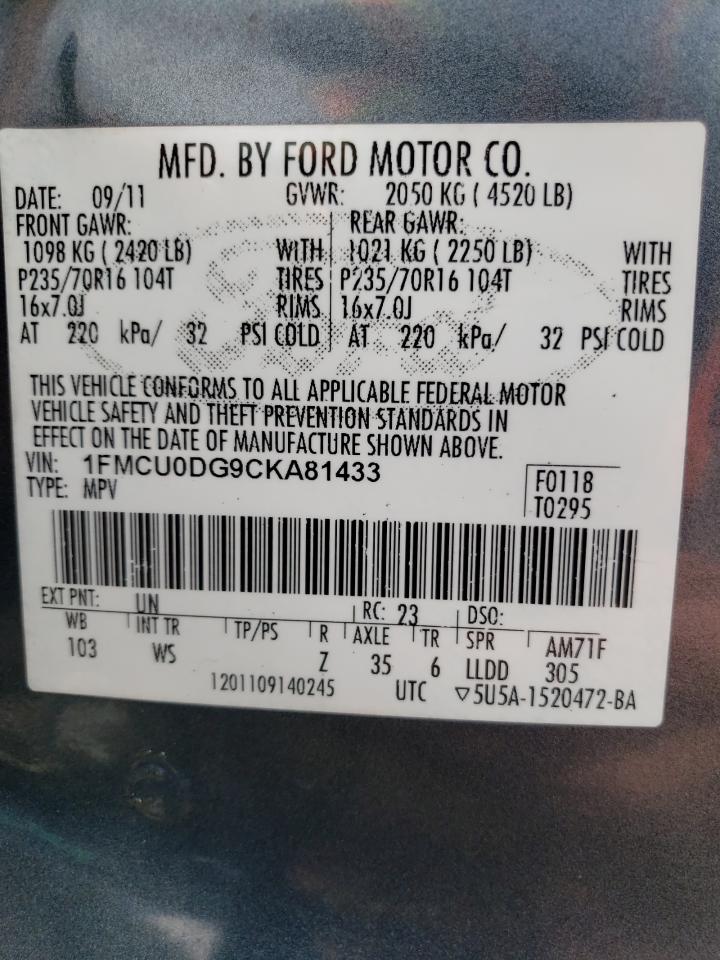 Photo 10 from auction – 2012 FORD ESCAPE XLT with VIN 1FMCU0DG9CKA81433