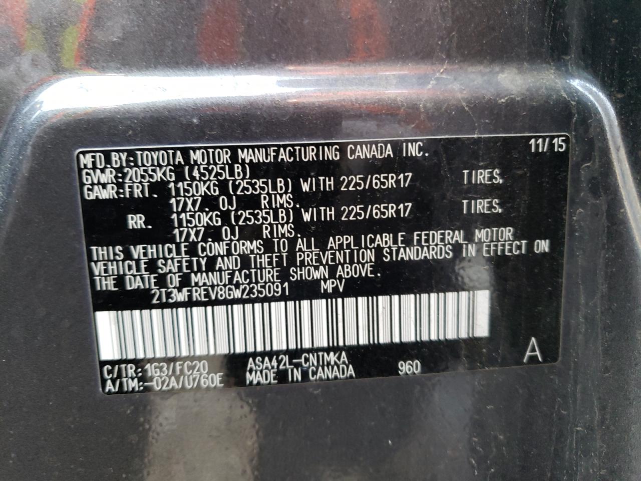 Photo 10 from auction – 2016 TOYOTA RAV4 XLE with VIN 2T3WFREV8GW235091