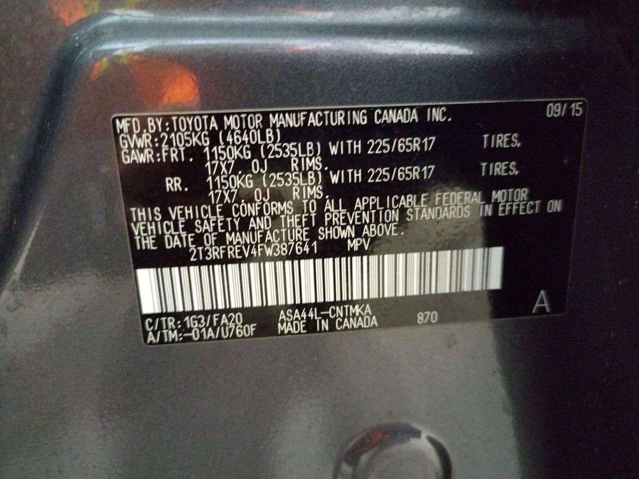 Photo 10 from auction – 2015 TOYOTA RAV4 XLE with VIN 2T3RFREV4FW387641
