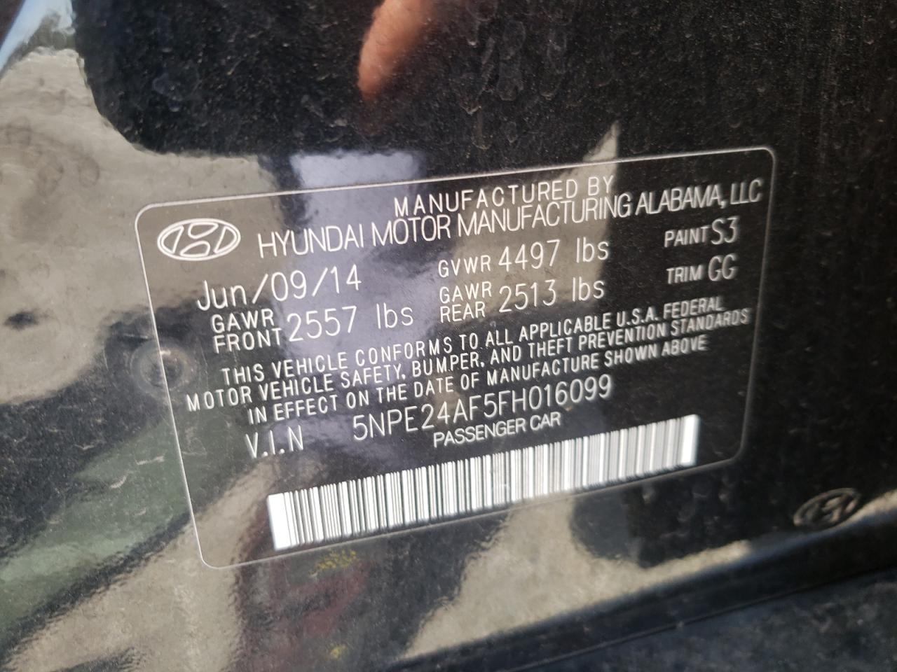 Photo 10 from auction – 2015 HYUNDAI SONATA SE with VIN 5NPE24AF5FH016099