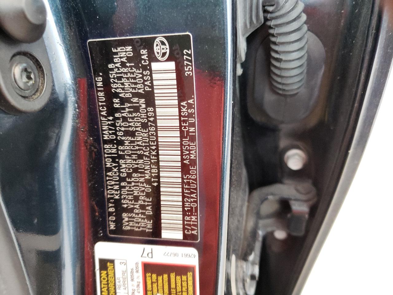 Photo 10 from auction – 2014 TOYOTA CAMRY L with VIN 4T1BF1FK4EU367498