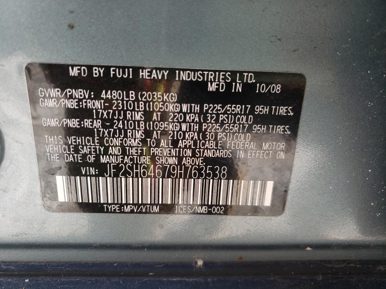 Photo 10 from auction – 2009 SUBARU FORESTER 2 with VIN JF2SH64679H763538