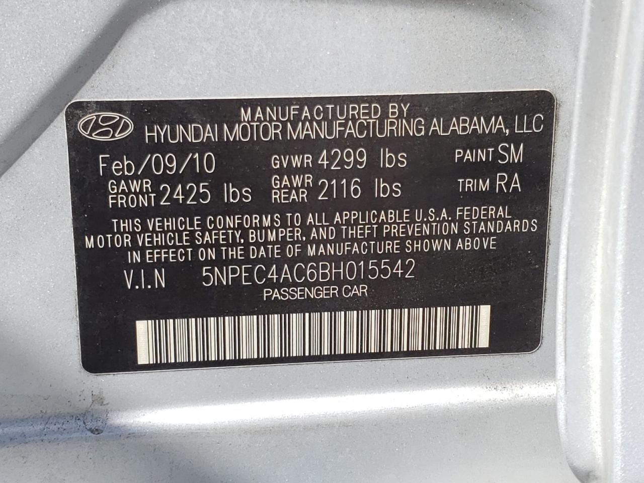 Photo 10 from auction – 2011 HYUNDAI SONATA SE with VIN 5NPEC4AC6BH015542