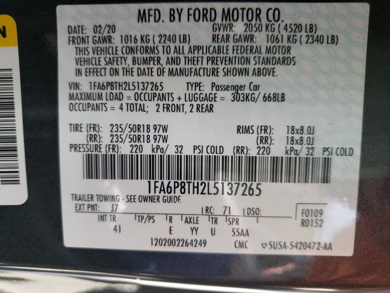 Photo 10 from auction – 2020 FORD MUSTANG with VIN 1FA6P8TH2L5137265