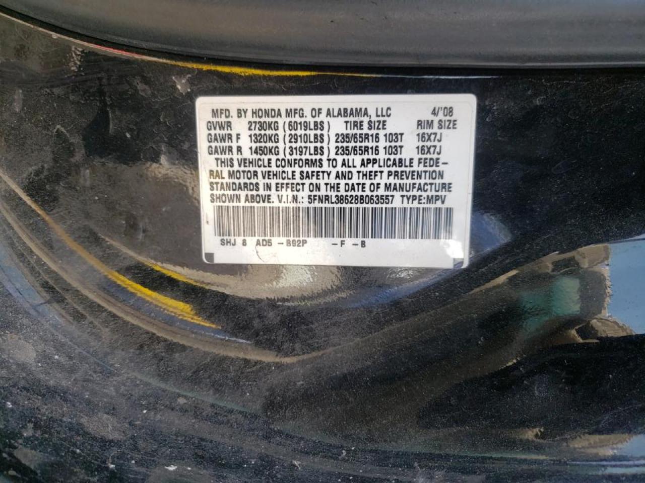 Photo 10 from auction – 2008 HONDA ODYSSEY with VIN 5FNRL38628B063557
