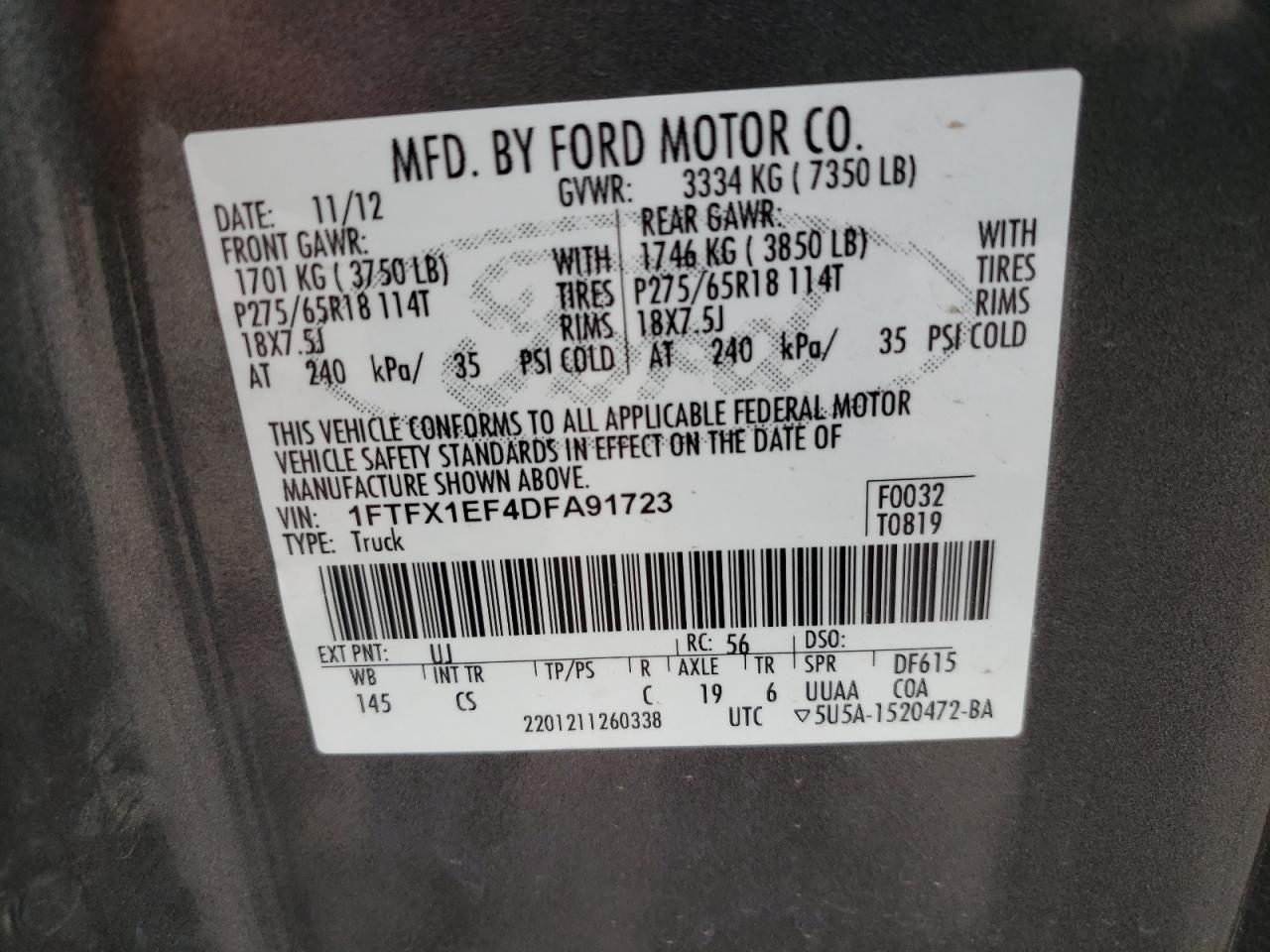 Photo 10 from auction – 2013 FORD F150 SUPER with VIN 1FTFX1EF4DFA91723