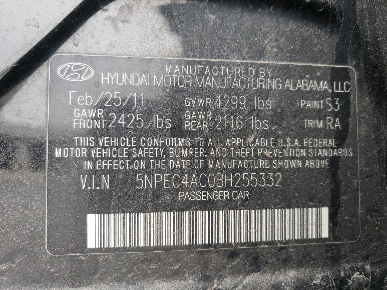 Photo 10 from auction – 2011 HYUNDAI SONATA SE with VIN 5NPEC4AC0BH255332