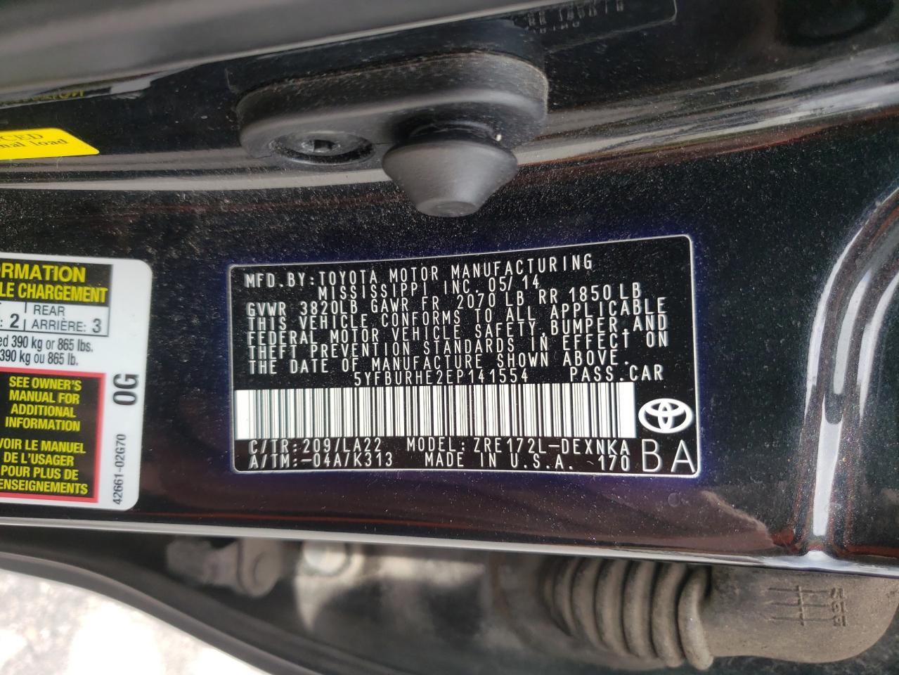 Photo 10 from auction – 2014 TOYOTA COROLLA L with VIN 5YFBURHE2EP141554