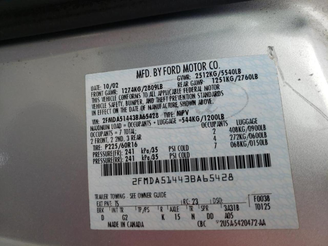 Photo 10 from auction – 2003 FORD WINDSTAR L with VIN 2FMDA51443BA65428