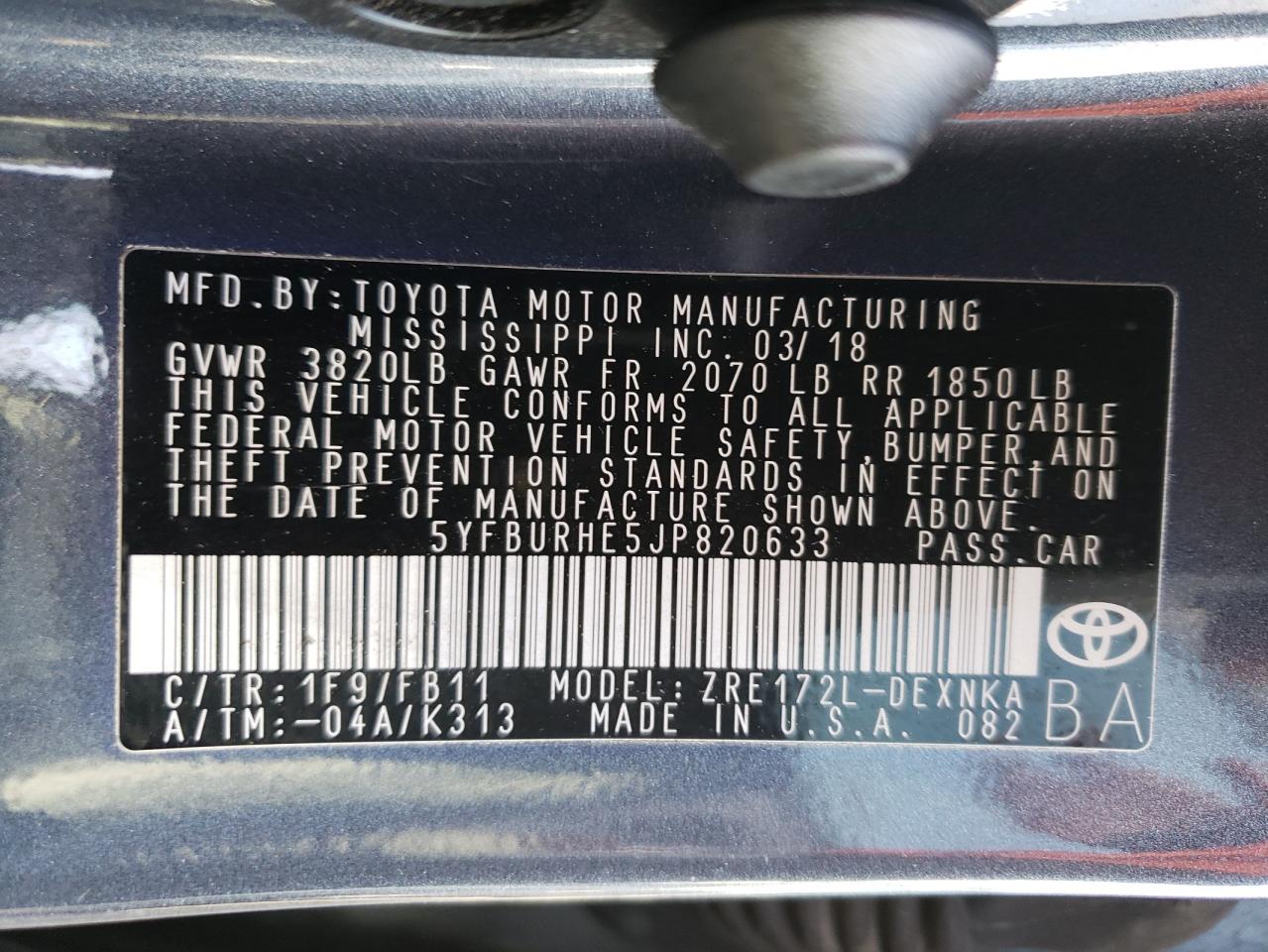 Photo 10 from auction – 2018 TOYOTA COROLLA L with VIN 5YFBURHE5JP820633