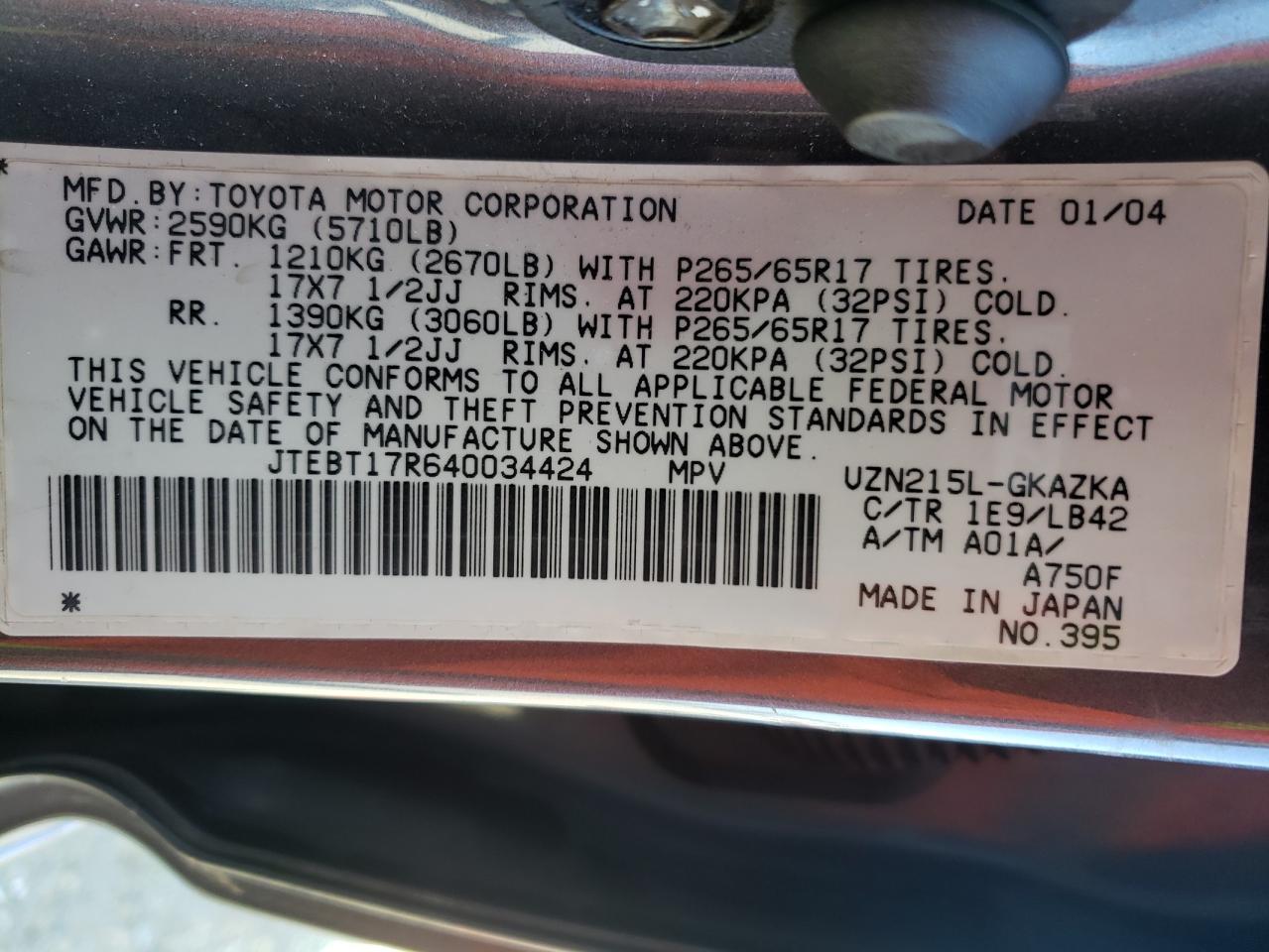 Photo 10 from auction – 2004 TOYOTA 4RUNNER LI with VIN JTEBT17R640034424
