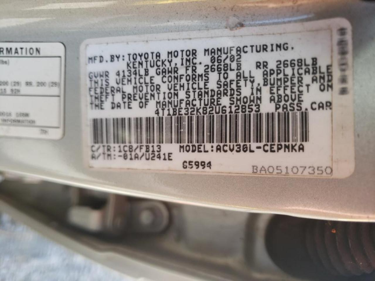 Photo 10 from auction – 2002 TOYOTA CAMRY LE with VIN 4T1BE32K82U612853