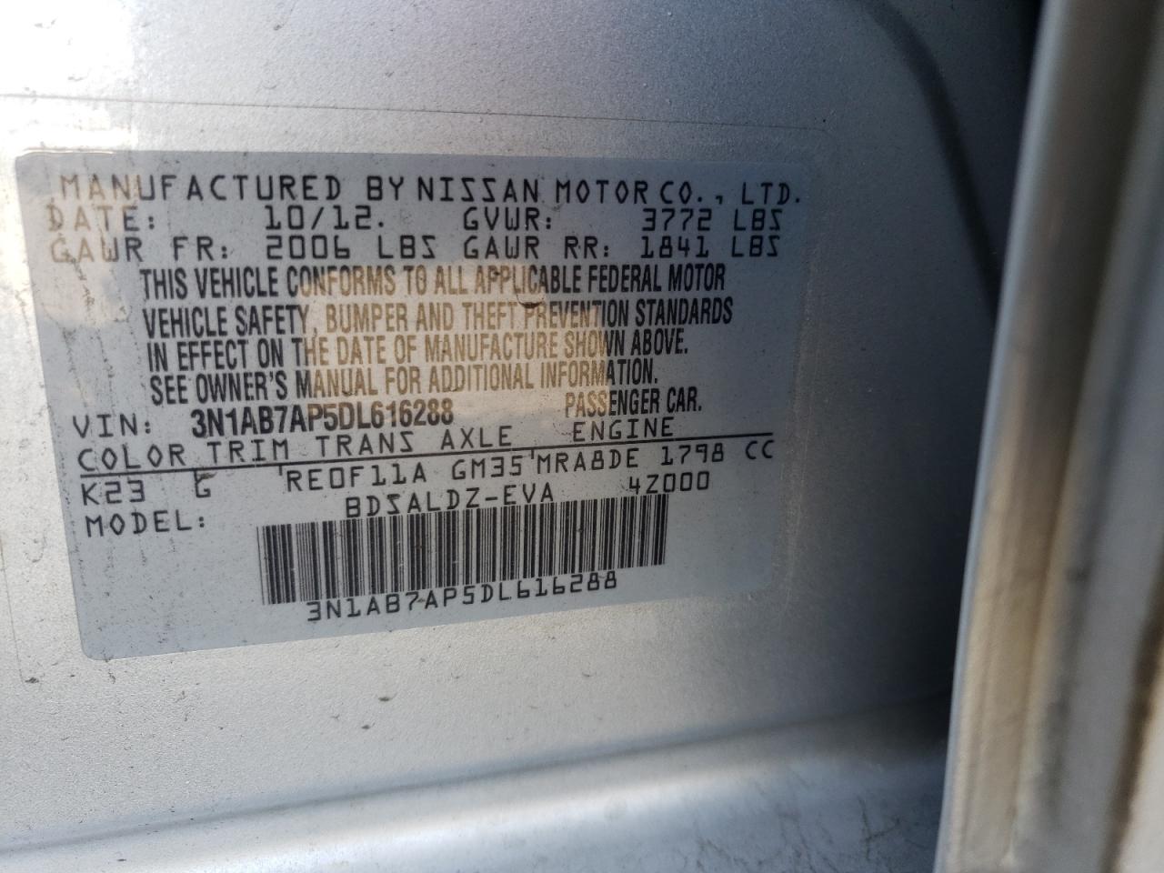 Photo 10 from auction – 2013 NISSAN SENTRA S with VIN 3N1AB7AP5DL616288