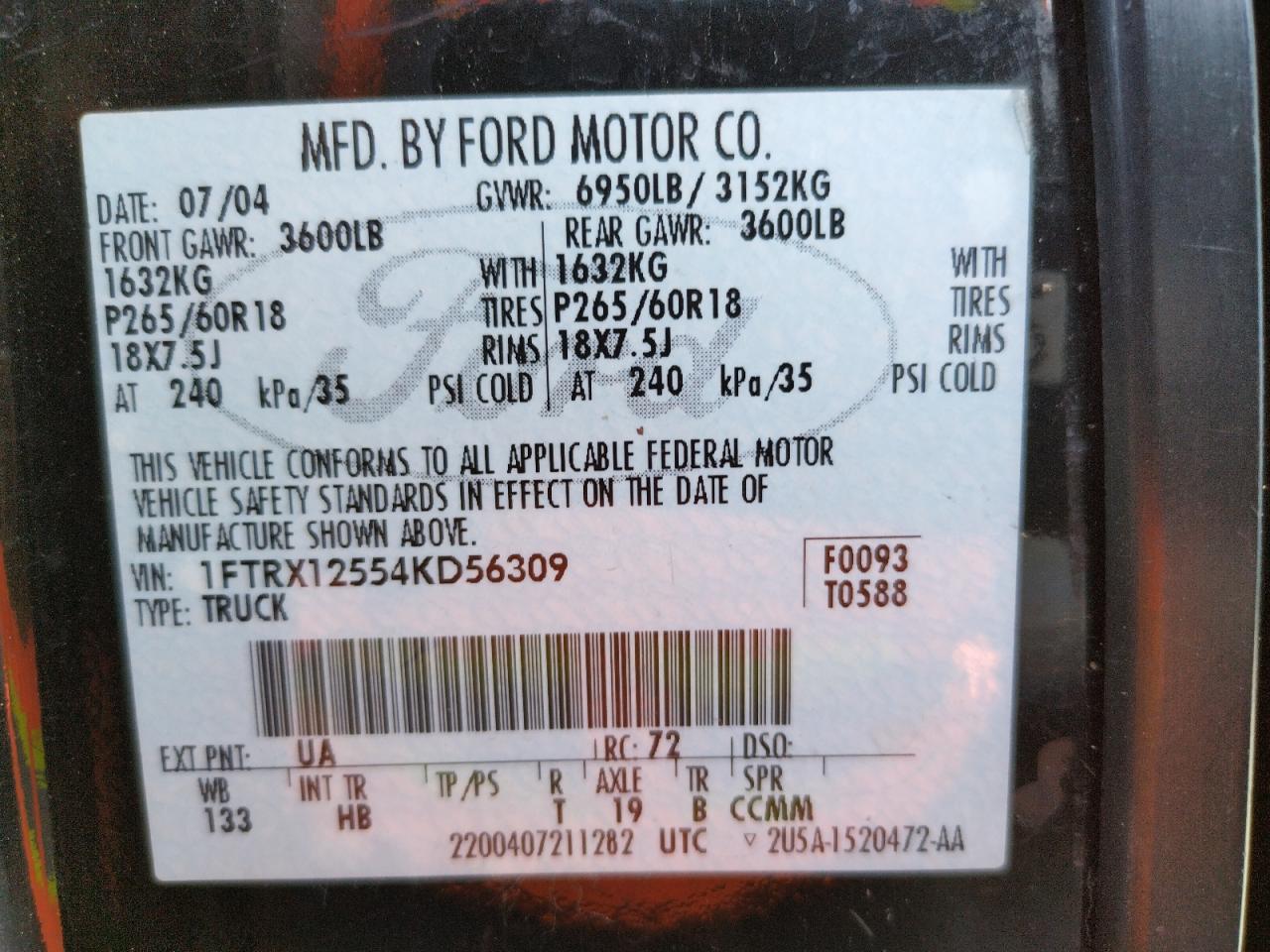 Photo 10 from auction – 2004 FORD F-150 with VIN 1FTRX12554KD56309