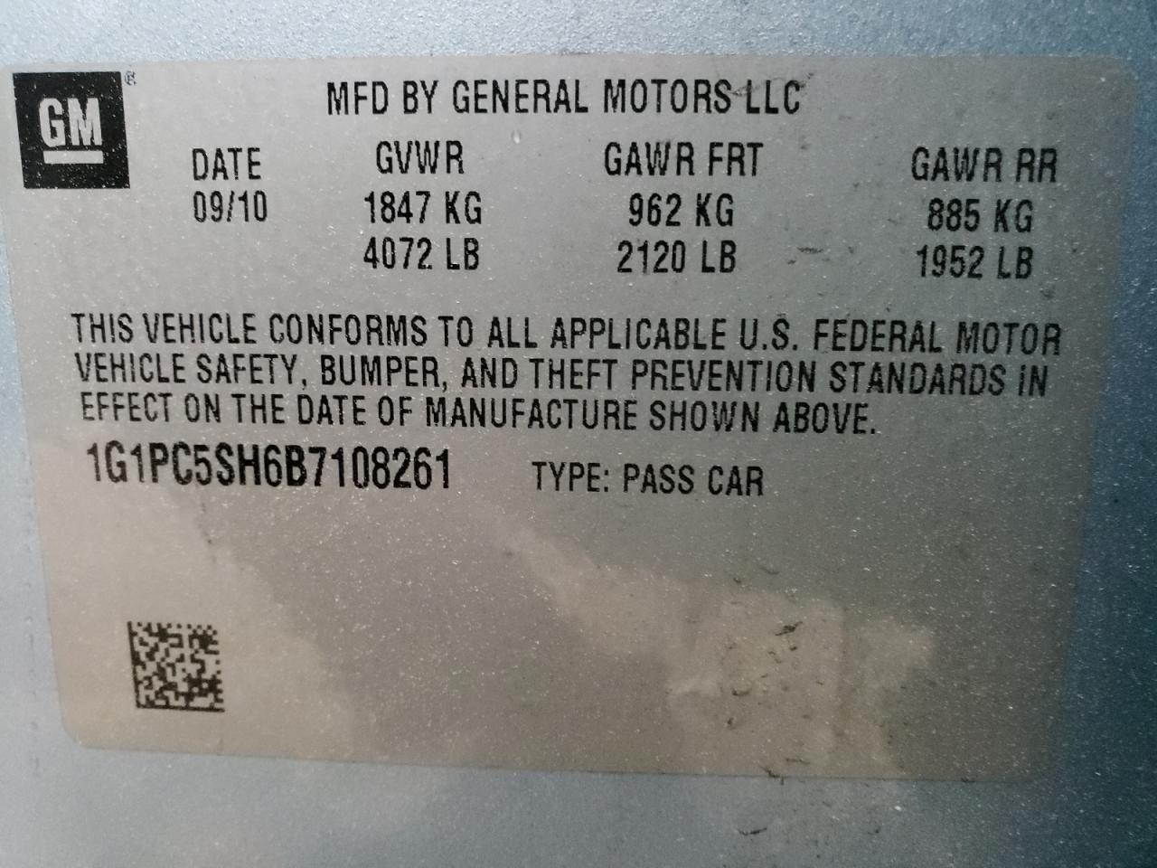 Photo 10 from auction – 2011 CHEVROLET CRUZE LS with VIN 1G1PC5SH6B7108261