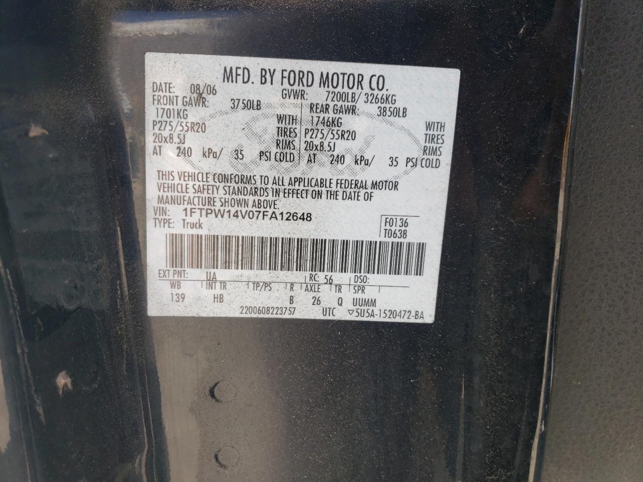 Photo 10 from auction – 2007 FORD F150 SUPER with VIN 1FTPW14V07FA12648