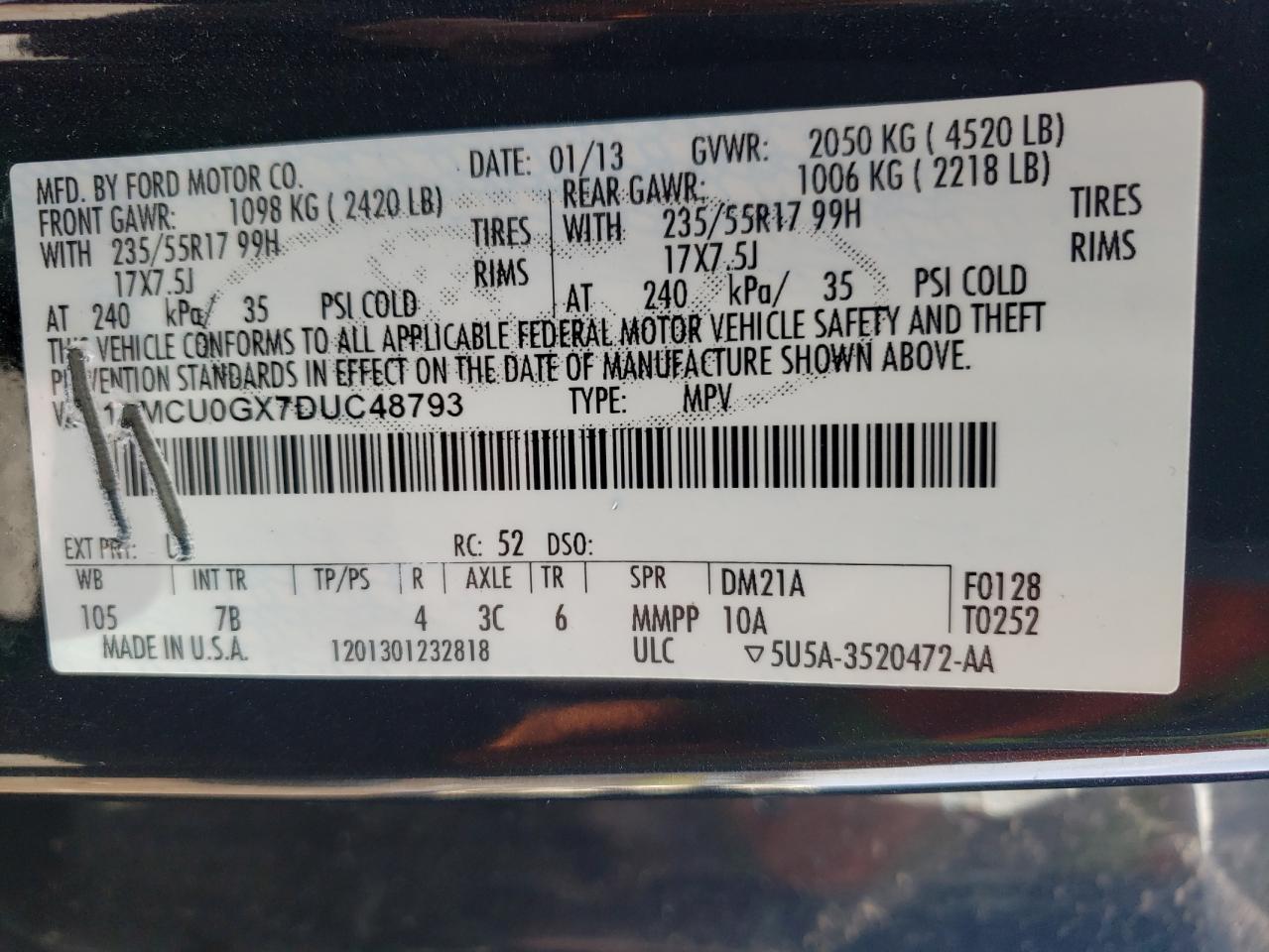 Photo 10 from auction – 2013 FORD ESCAPE SE with VIN 1FMCU0GX7DUC48793