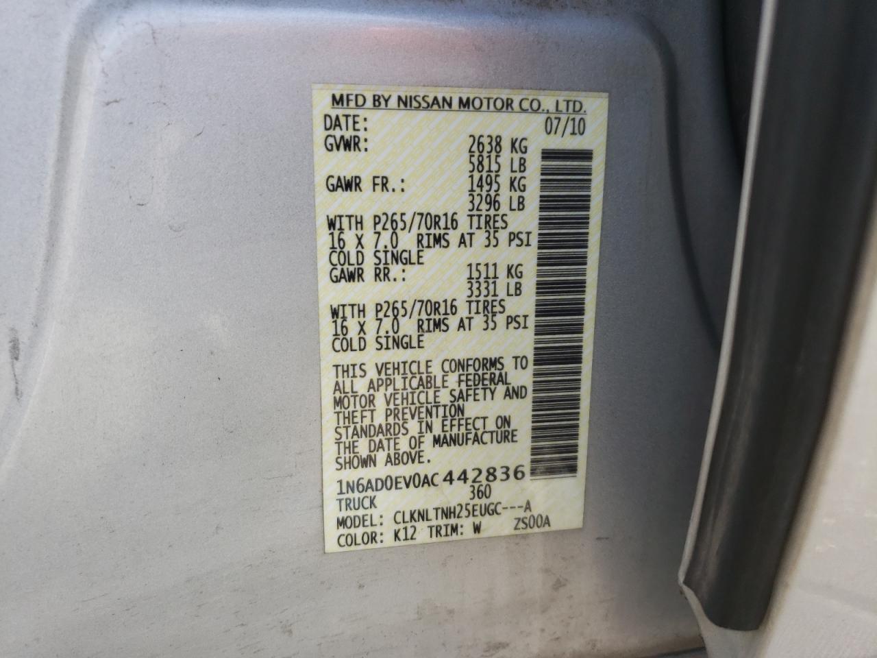 Photo 10 from auction – 2010 NISSAN FRONTIER C with VIN 1N6AD0EV0AC442836