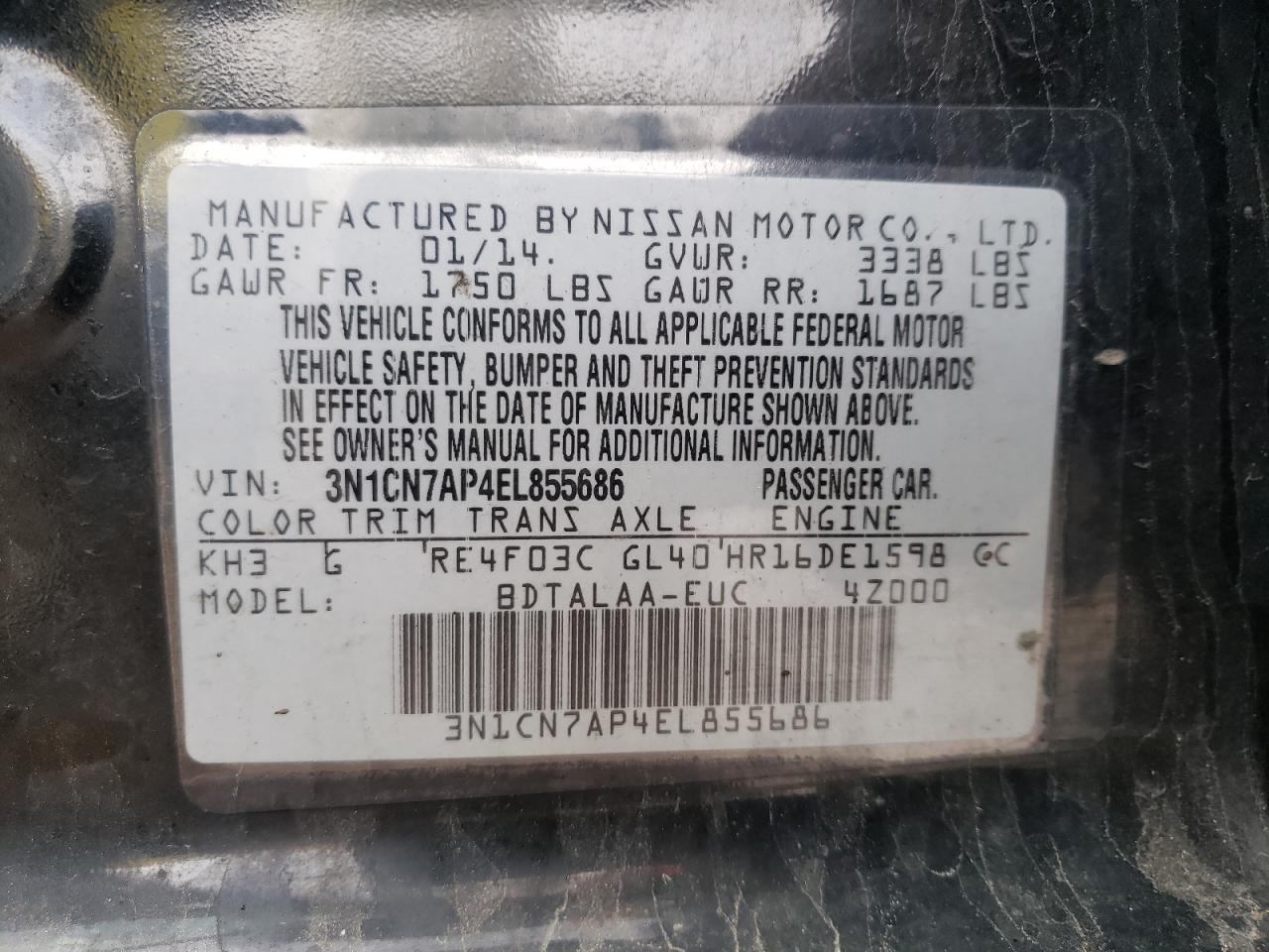 Photo 10 from auction – 2014 NISSAN VERSA with VIN 3N1CN7AP4EL855686
